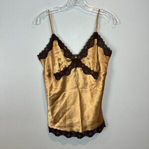 Vtg Y2K Metallic Gold Cami Top Womens Size Medium Brown Lace Trim Diva Fairy